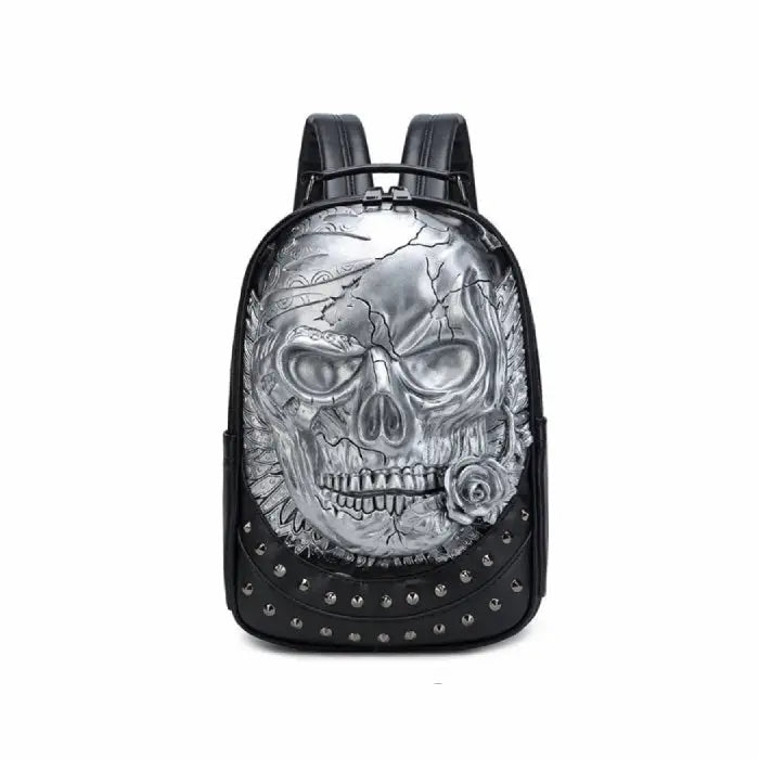 3D Embossed Skull with Rose PU Leather Backpack - Silver