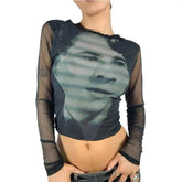 90s Style Mesh Long Sleeve Blouse