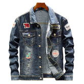 Men's blue stretch denim jacket with badge patches and ripped patchwork streetwear design