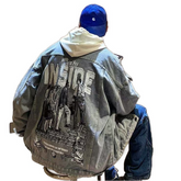 Oversized printed denim jacket in blue with Y2K Harajuku street style design for men and couples