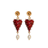 Pendientes colgantes vintage con forma de corazón y perlas barrocas