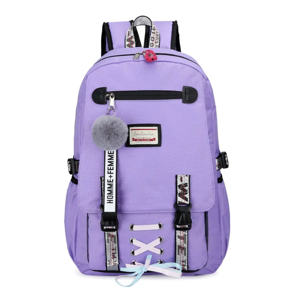 Aesthetic Solid Color Korean Backpack - Purple / One Size