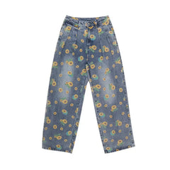 Aesthetic Sunflower Printed Harajuku Pants - Blue Jeans / L