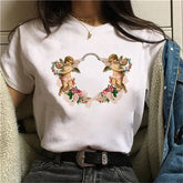 Angels Short Sleeve T Shirt for Everyday Wear White-Flowers