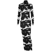 Black and White Long Sleeve Dress Polyester Round Neck / S