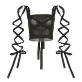 Black Mesh Lace Up Bandage Crop Top / S