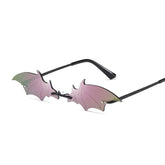 Black Vintage Bat Shaped Rimless Sunglasses Purple