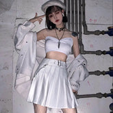 Black White Pleated Short Skirt with Belt Chain / S