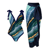 Blue Color Block One Piece Swimsuits With Lace Up V Neck