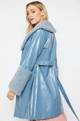 Blue Faux Leather Trench Coat with Shearling Collar