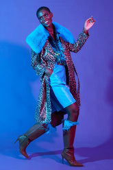 Blue Faux Suede Trench Coat with Fur Collar