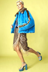 Blue Leopard Print Faux Fur Wrap Coat