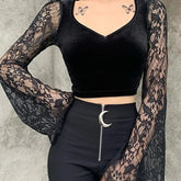 Bodycon Black Velvet And Lace V Neck Crop Top