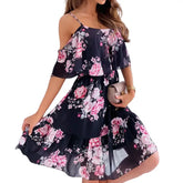 Bohemian Floral Print Beach Dress Polyester Mid Calf Black