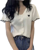 Butterfly Lettuce Trim Button Up Blouse