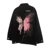 Butterfly Print Loose Denim Jacket for Women Black / S