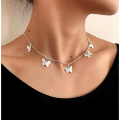 Butterfly Rhinestone Letter Necklace - Silver