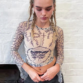 Butterfly See Through Long Sleeve Crop Top White / S