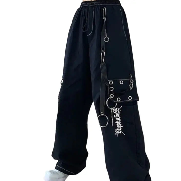 Cargo With Chain Wide Leg Trousers Loose Pants - Black / S