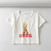 Cartoon Cowgirl Print Short Sleeve Crop Top