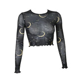 Cartoon Print Sheer Mesh Crop Top with Slim Sleeves Black