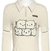 Cats Zipper Neck Detachable Long Sleeve Crop Top