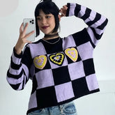 Checkerboard Hearts Knit Sweater Acrylic Cotton Pullover