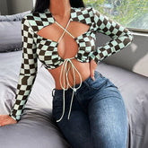 Chess Grid Sexy Cross Cut Neck Long Sleeve Crop Top