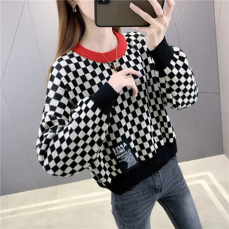Chess Pattern Knitting Sweater - Black / One size