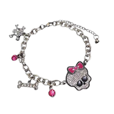 Chunky Chain Pink Ribbon Cute Bone Skull Bracelet / Silver