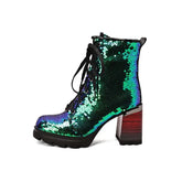 Chunky Heel Sequined Platform Boots Euro Size Green / 35