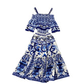 Cold Shoulder Flare Sleeve Printing Dress