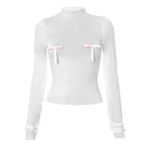 Contrast Bow Sheer Slim Long Sleeve Crop Top