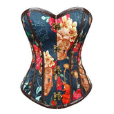 A dark floral and skull print corset with front clasps