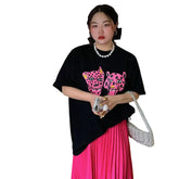Cotton Pink Leopard Short Sleeve Loose T Shirt
