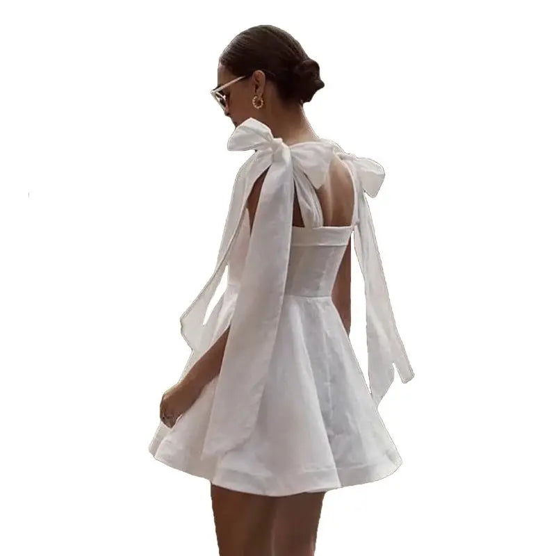 Cotton White Bow Ribbon Dress - Mini