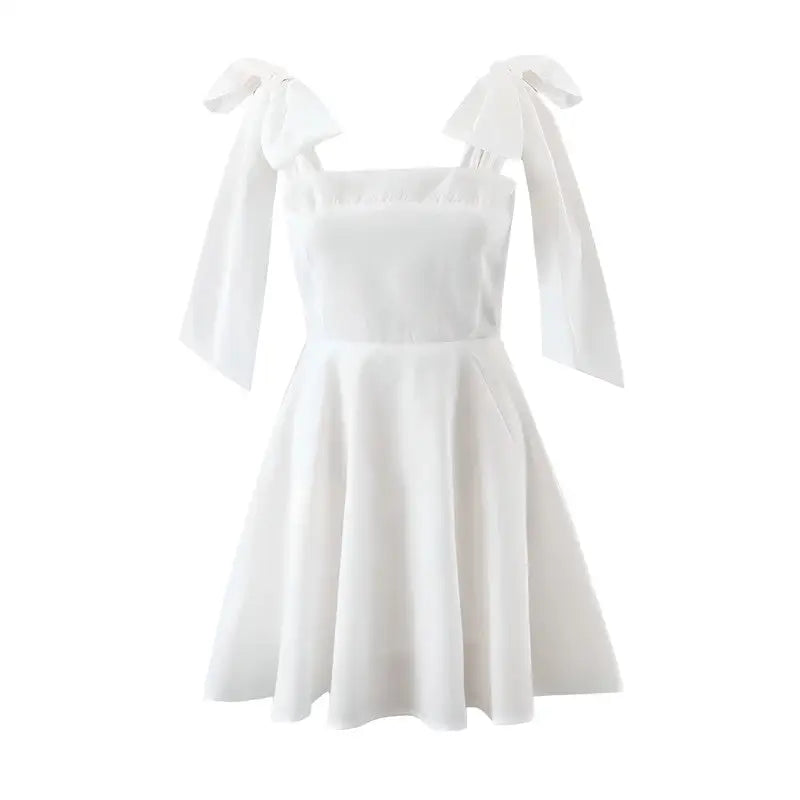 Cotton White Bow Ribbon Dress - S - Mini