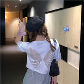 Crop Top Butterfly 3D Mesh Short Sleeve Round Neck White / S