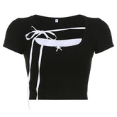 Crop Top Contrast Stitch Sweet Square Collar Style Black / S