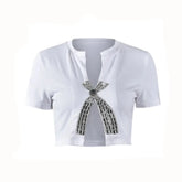 Crop Top with Bow Diamonds Trims Tees Design White / S