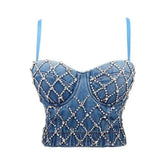 Denim Crystal Push Up Crop Top Corset Bra Size 34 Inches