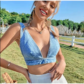 Denim Deep V-Neck Tie Back Crop Top Blue / XS