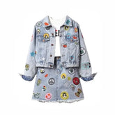 Denim Embroidered Patches Jacket And Skirt Set