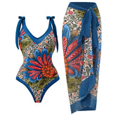 Set Floral Print One-Piece Swimsuit With Skirt Tight
