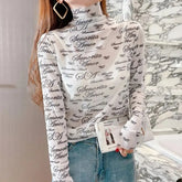 Letter Print Mesh Long Sleeve Blouse