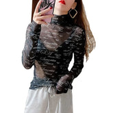 Letter Print Mesh Long Sleeve Blouse