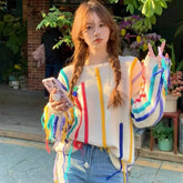 Colorful Tassels Round Neck Long Sleeve Sweater