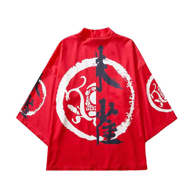 Dragon and Kanji Symbols 3/4 Sleeve Kimono - Red / M