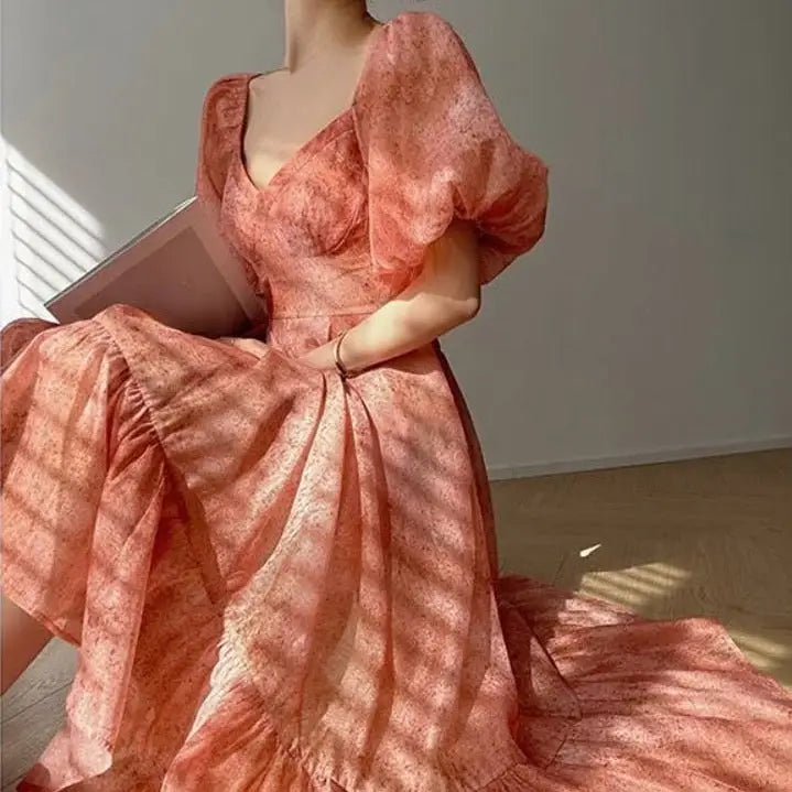 Elegant Short Sleeve Chiffon Midi Dress