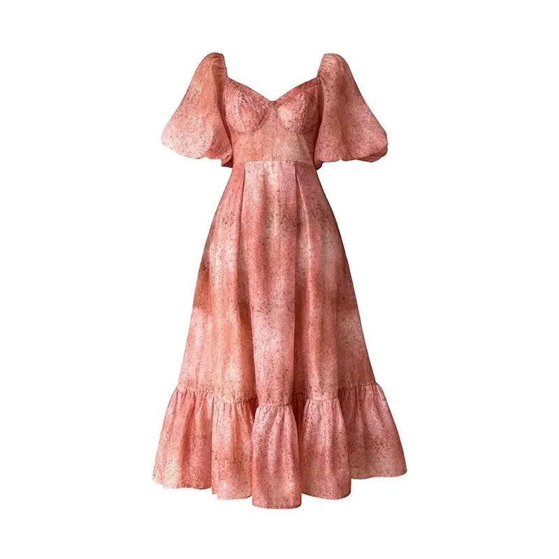 Elegant Short Sleeve Chiffon Midi Dress - Pink / S